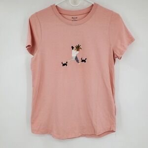 Madewell Whisper Pink Embroidered Crewneck Girl Cats Plant Cotton T-Shirt Small